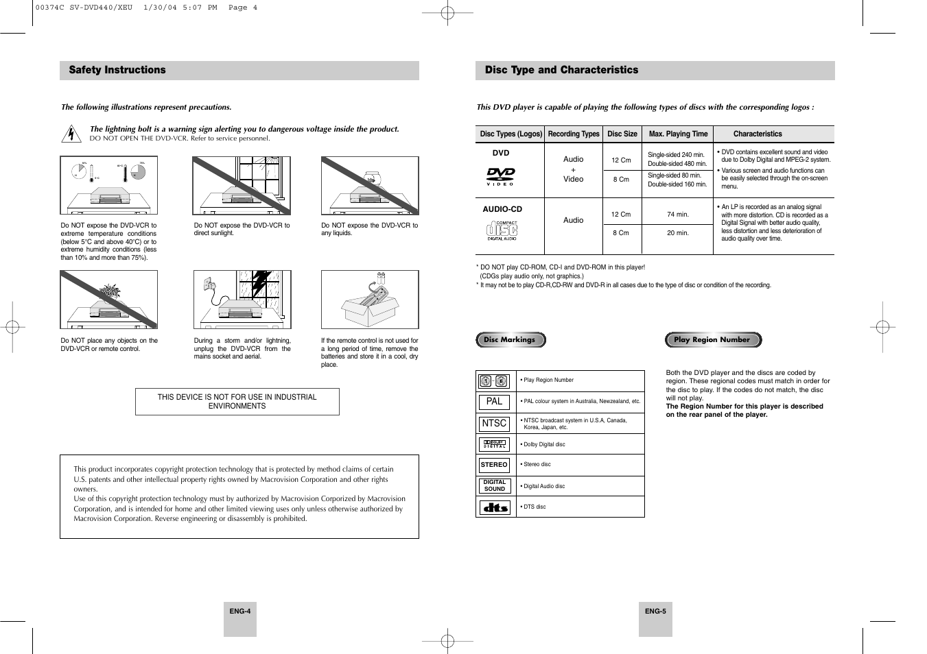 Disc type and characteristics, Safety instructions | Samsung SV-DVD545 User Manual | Page 3 / 25