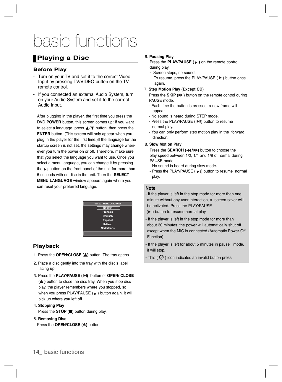 Basic functions, Playing a disc, 14_ basic functions playing a disc | Samsung DVD-P191K User Manual | Page 14 / 36