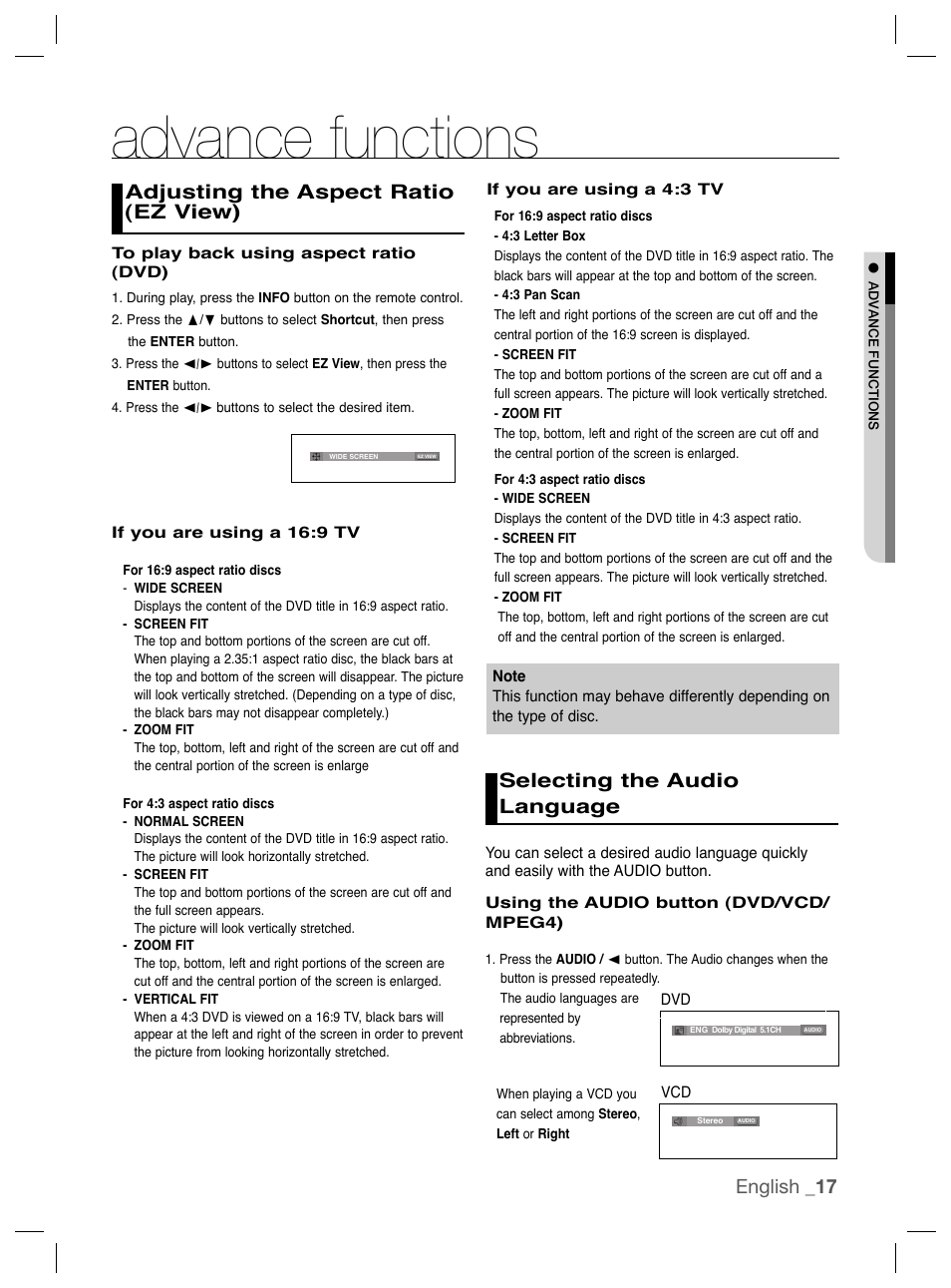 Advance functions, Adjusting the aspect ratio (ez view), Selecting the audio language | English _17 adjusting the aspect ratio (ez view) | Samsung DVD-P191K User Manual | Page 17 / 36