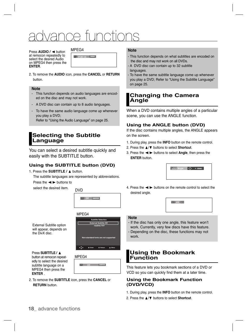 Selecting the subtitle language, Changing the camera angle, Using the bookmark unction | Advance functions, 18_ advance functions, Using the bookmark function | Samsung DVD-P191K User Manual | Page 18 / 36