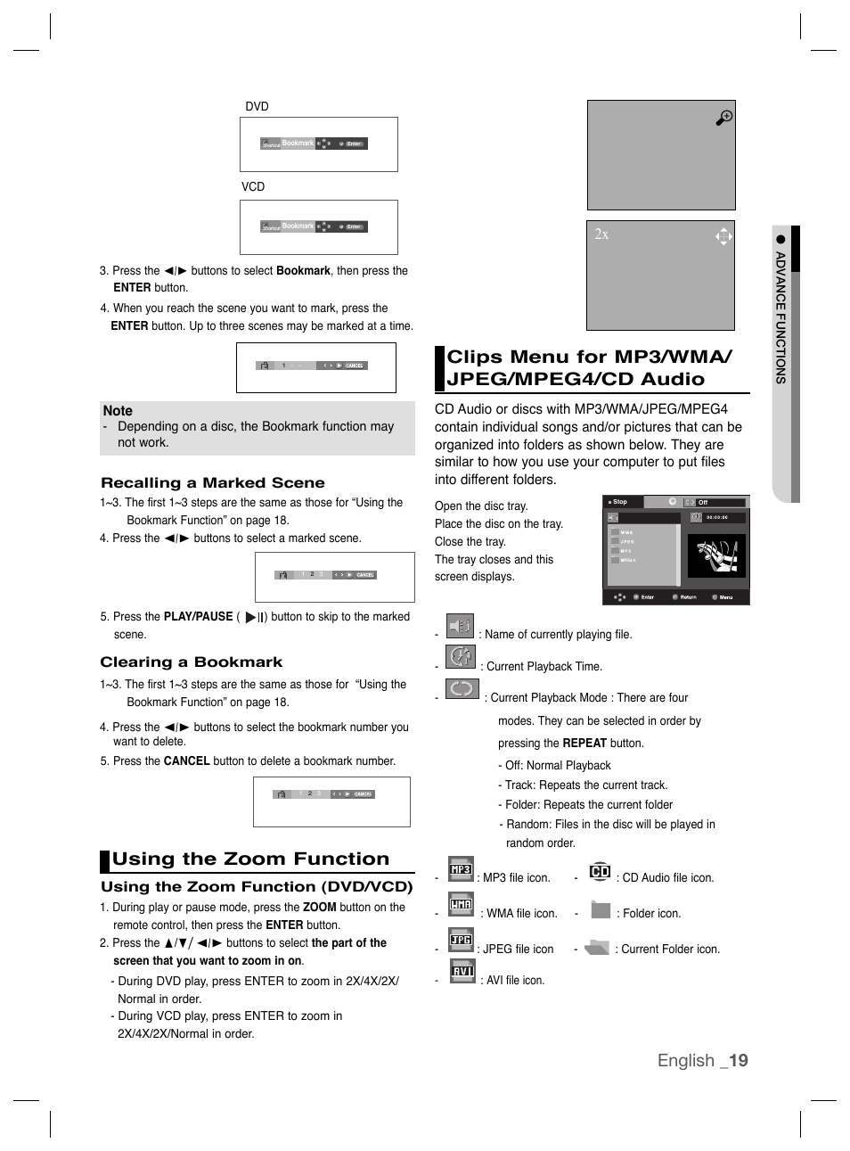Using the zoom function, Clips menu for mp3/wma/jpeg/mpeg4/cd audio, English _19 | Clips menu for mp3/wma/ jpeg/mpeg4/cd audio | Samsung DVD-P191K User Manual | Page 19 / 36
