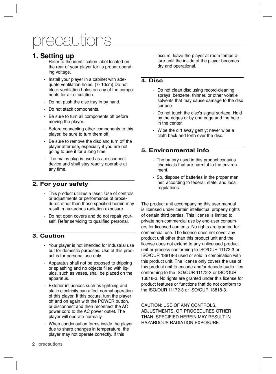 Precautions, Setting up | Samsung DVD-P191K User Manual | Page 2 / 36