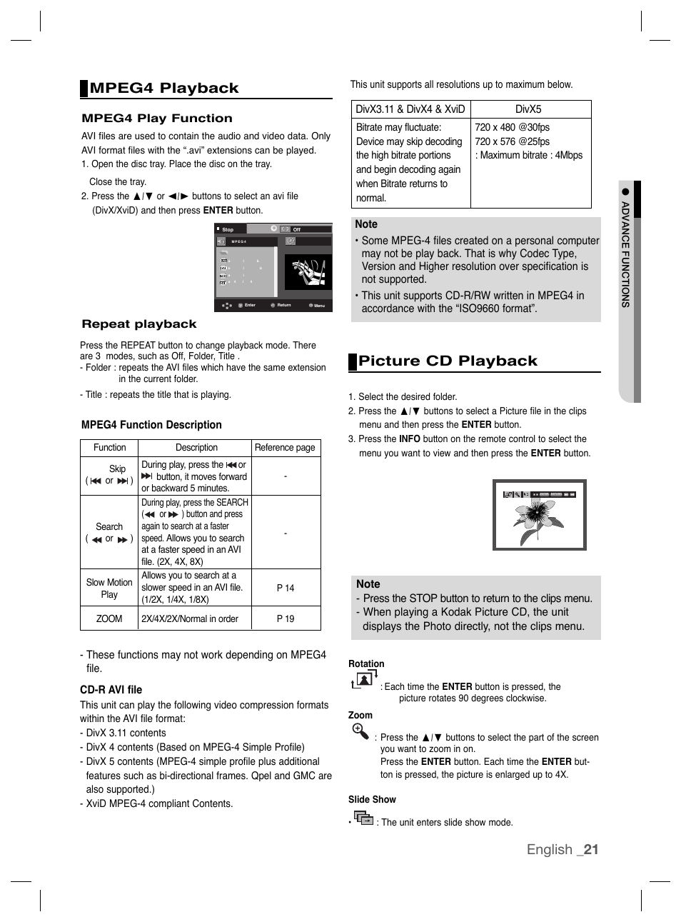 Mpeg4 playback, Picture cd playback, English _21 picture cd playback | Samsung DVD-P191K User Manual | Page 21 / 36