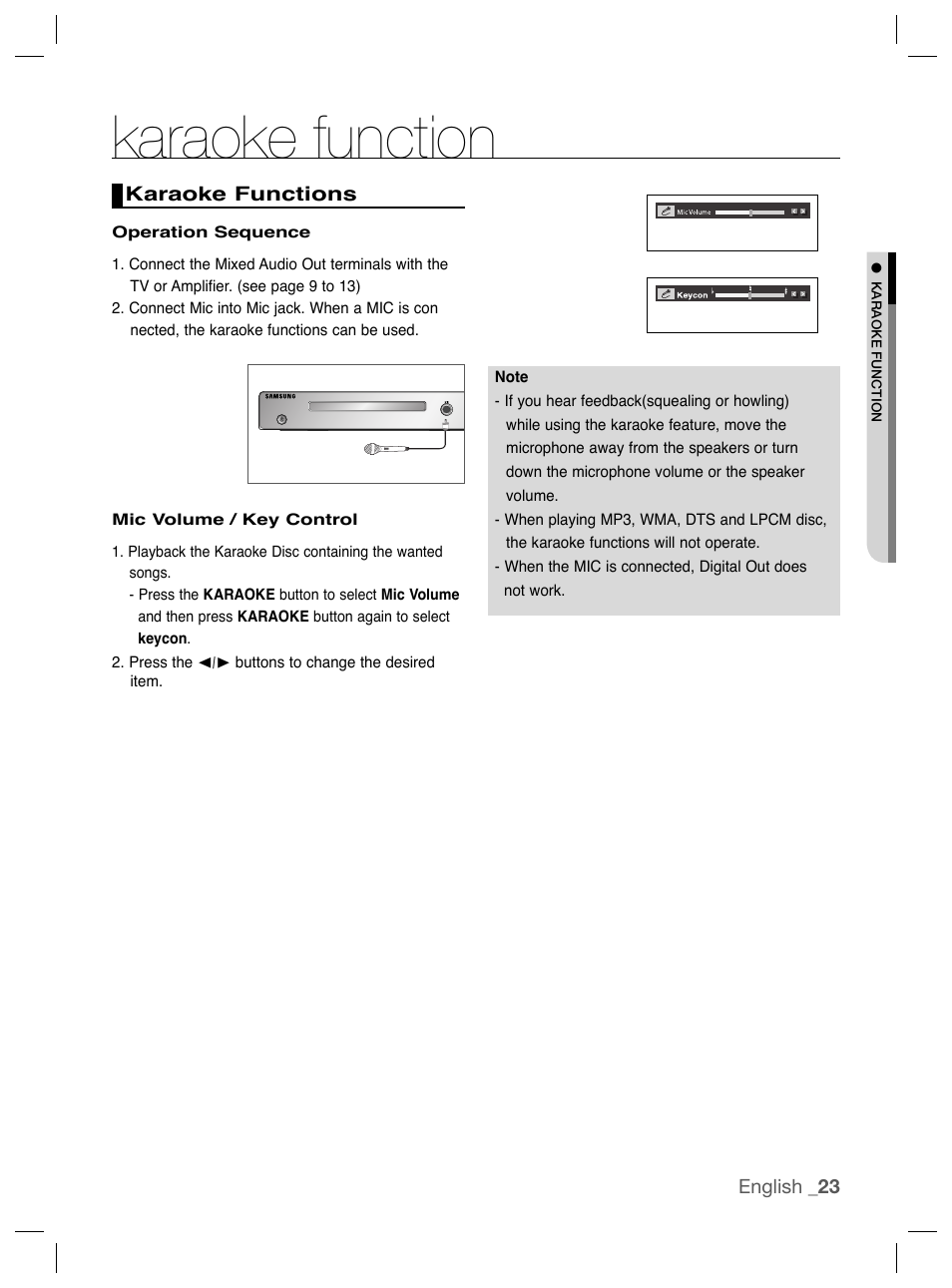 Karaoke function, Karaoke functions | Samsung DVD-P191K User Manual | Page 23 / 36