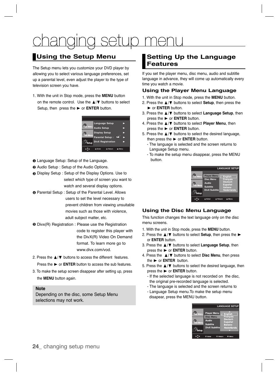 Changing setup menu, Using the setup menu, Setting up the language features | 24_ changing setup menu using the setup menu | Samsung DVD-P191K User Manual | Page 24 / 36