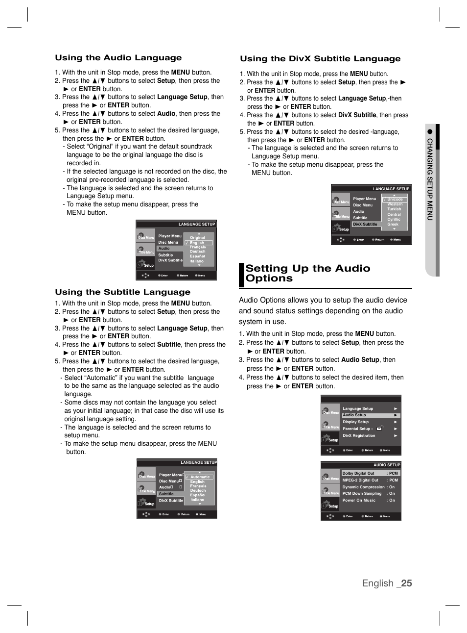 Setting up the audio options, English _25, Using the subtitle language | Using the audio language, Using the divx subtitle language | Samsung DVD-P191K User Manual | Page 25 / 36