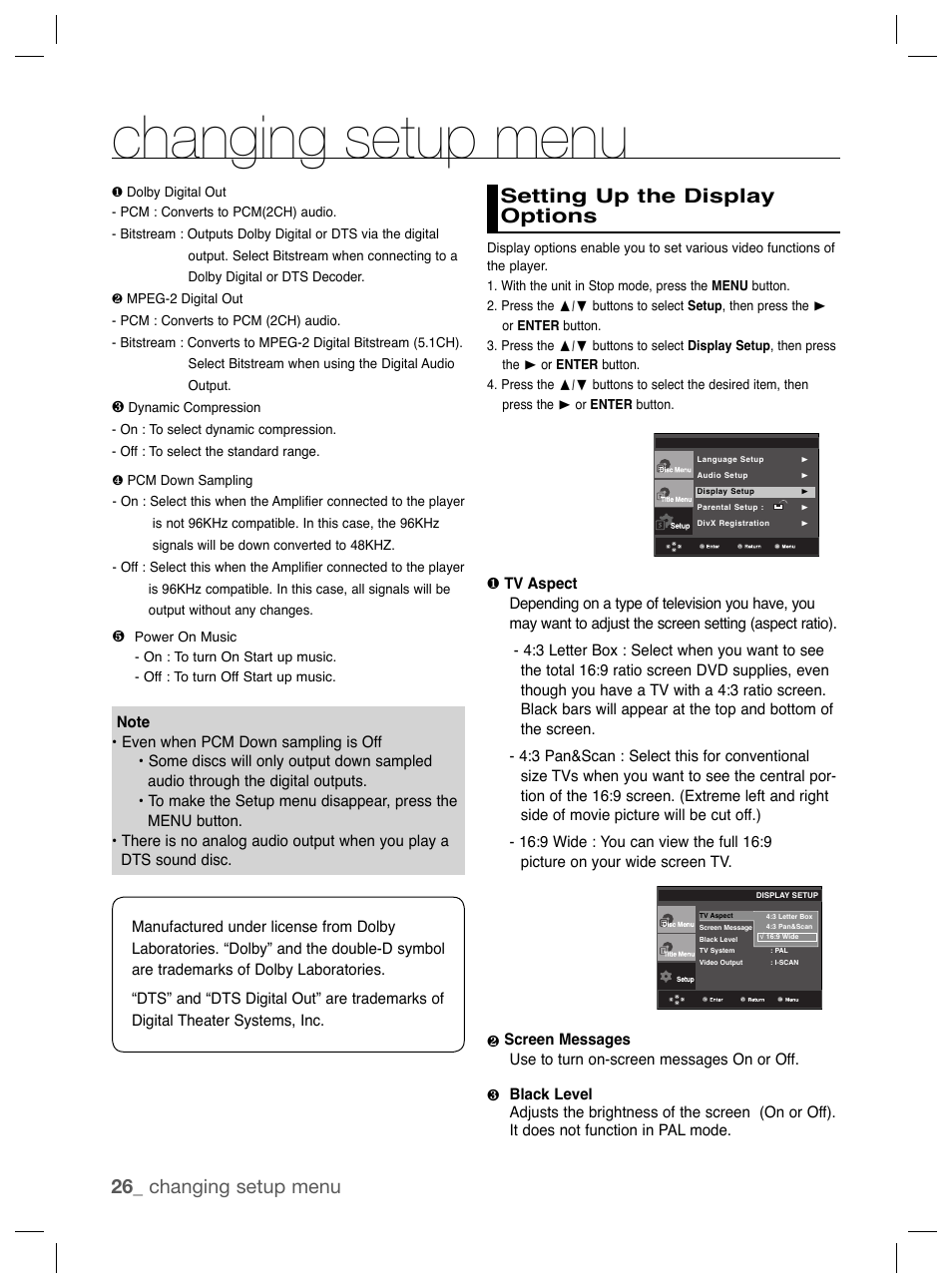 Setting up the display options, Changing setup menu, 26_ changing setup menu | Samsung DVD-P191K User Manual | Page 26 / 36