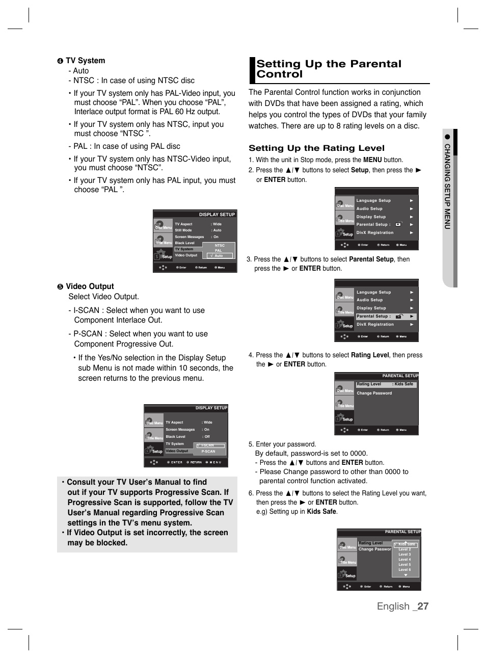 Setting up the parental control, English _27 setting up the parental control, Setting up the rating level | Samsung DVD-P191K User Manual | Page 27 / 36