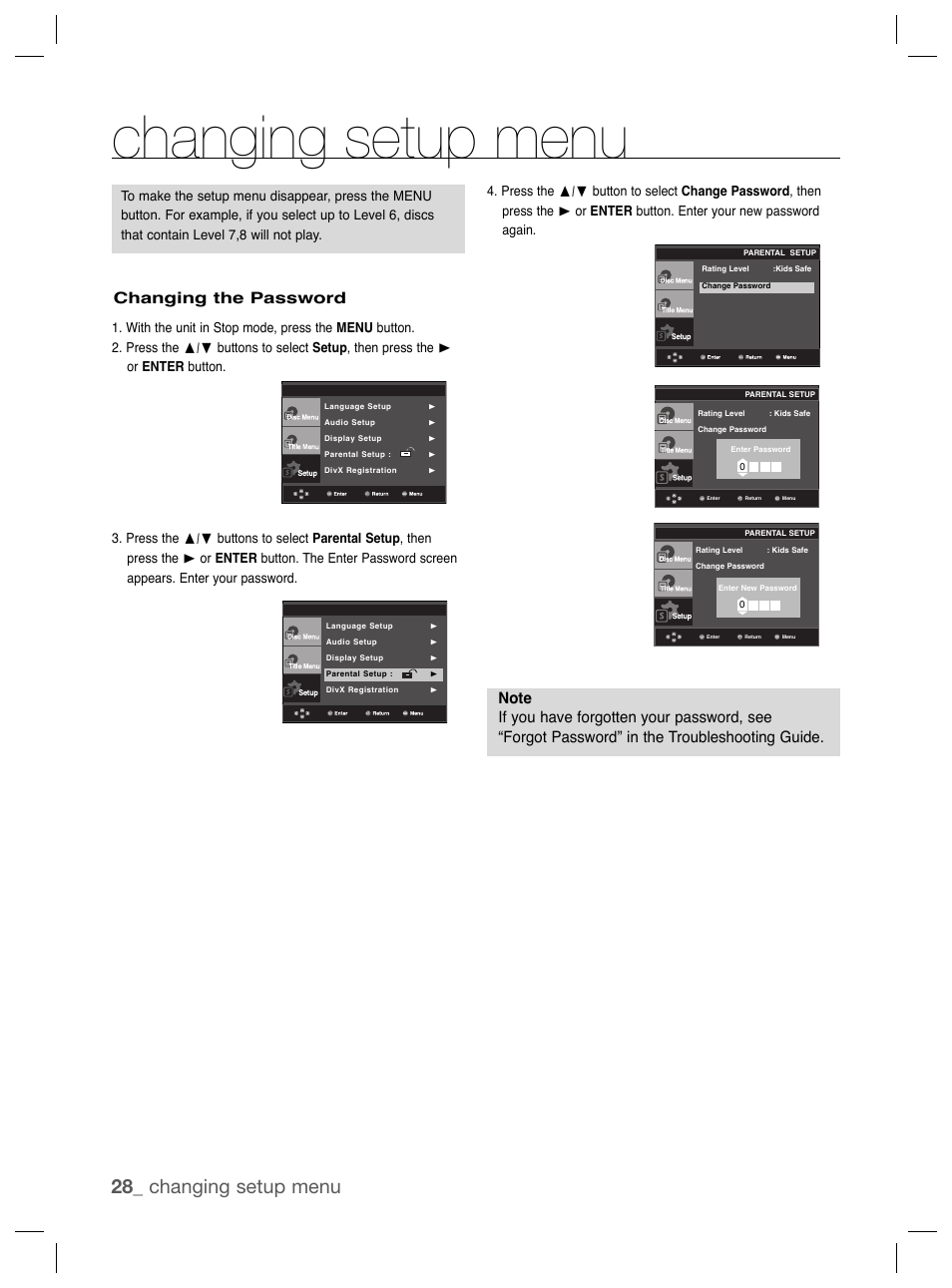 Changing setup menu, 28_ changing setup menu, Changing the password | Samsung DVD-P191K User Manual | Page 28 / 36