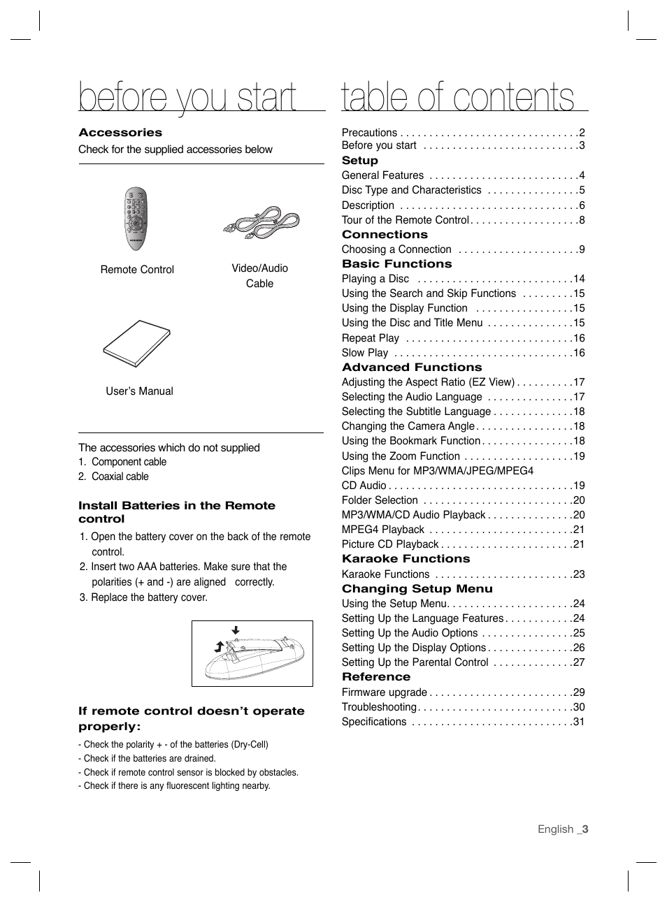 Before you start, Before you start table of contents | Samsung DVD-P191K User Manual | Page 3 / 36