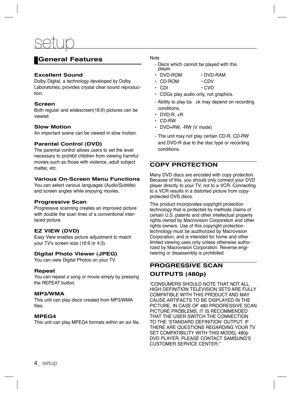 Setup, General features | Samsung DVD-P191K User Manual | Page 4 / 36