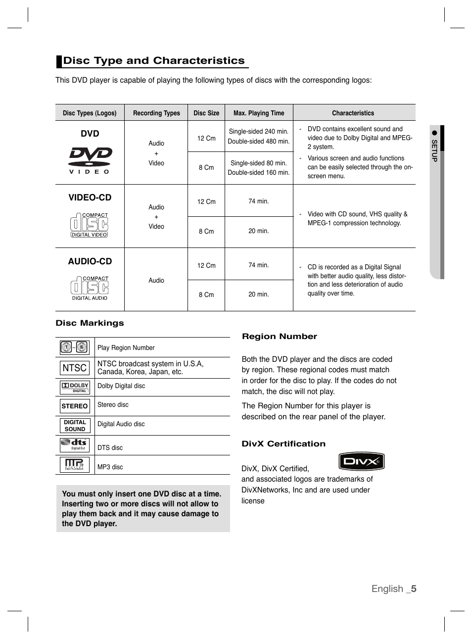 Disc type and characteristics, English _5, Ntsc | Samsung DVD-P191K User Manual | Page 5 / 36