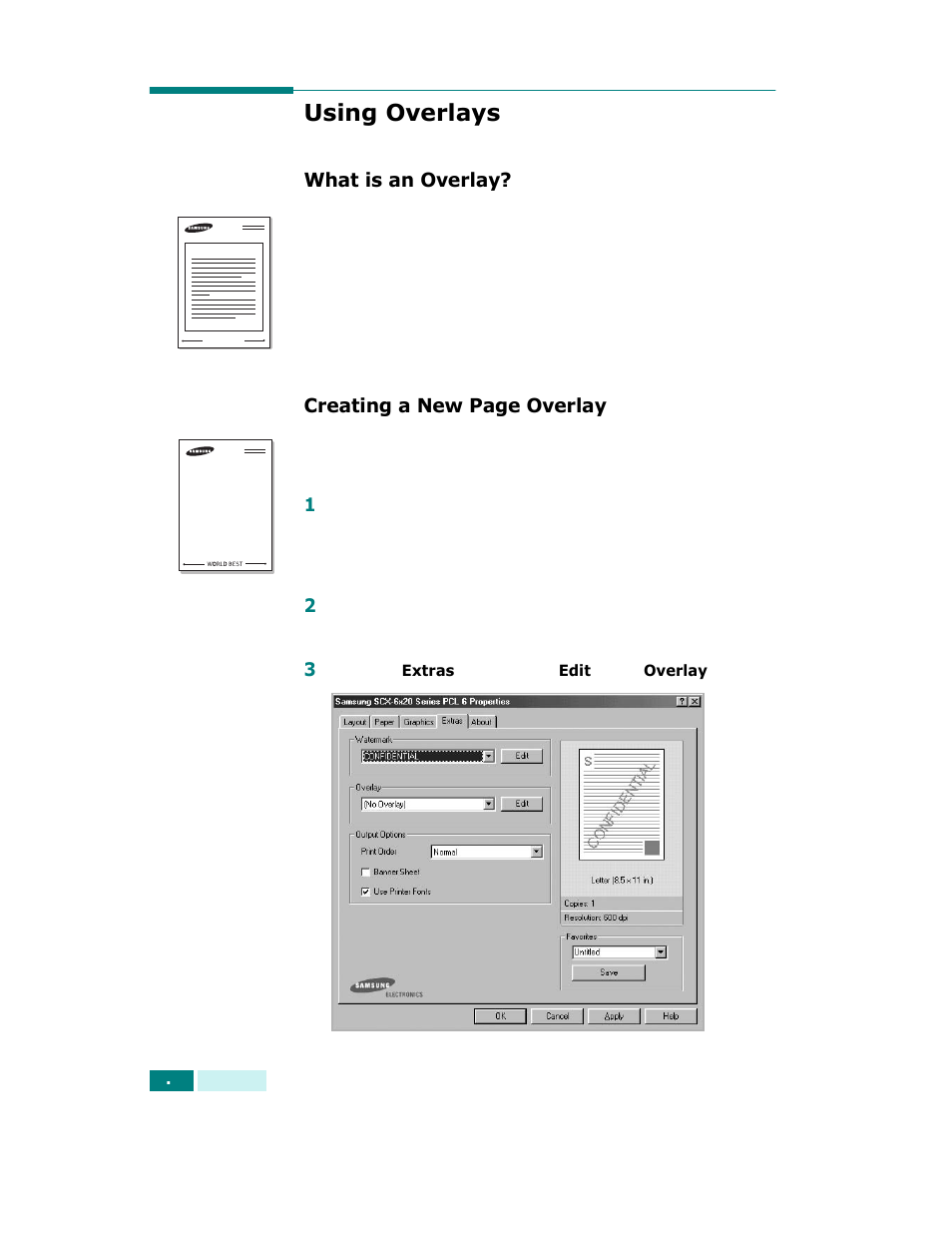 Using overlays, What is an overlay, Creating a new page overlay | Samsung SCX-6320F User Manual | Page 107 / 330