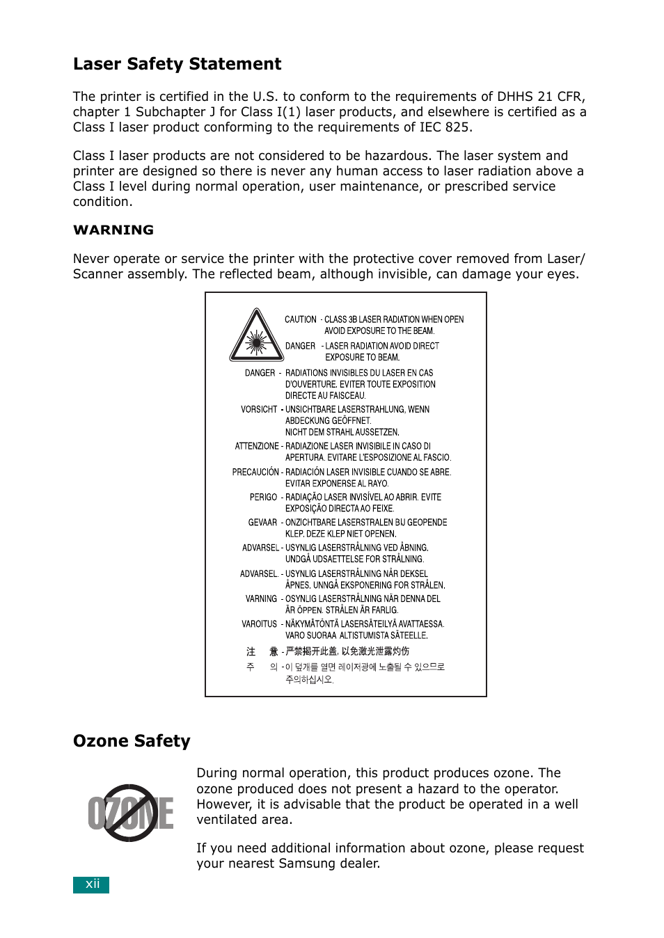 Laser safety statement, Ozone safety | Samsung SCX-6320F User Manual | Page 13 / 330