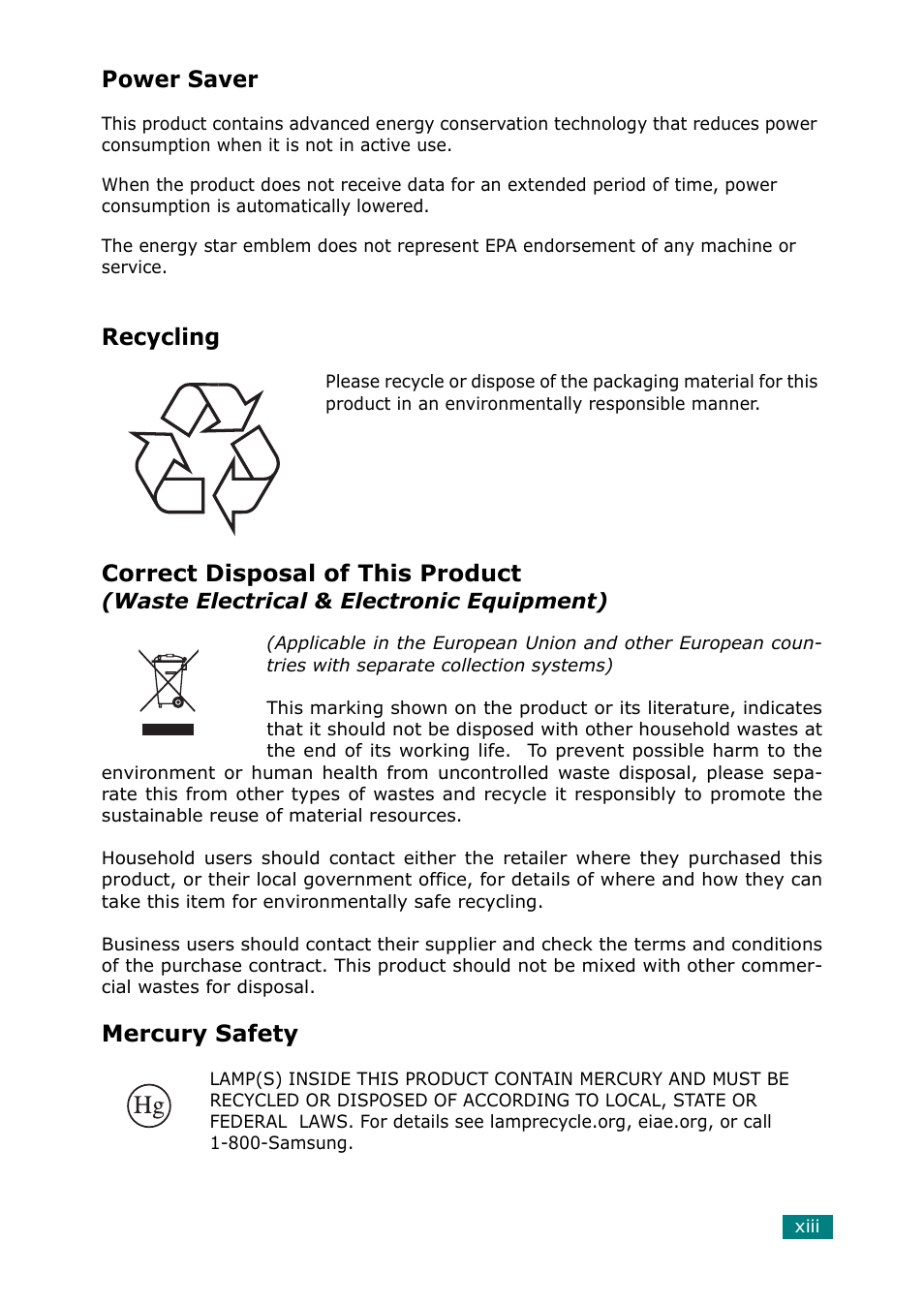 Power saver, Recycling, Correct disposal of this product | Mercury safety | Samsung SCX-6320F User Manual | Page 14 / 330