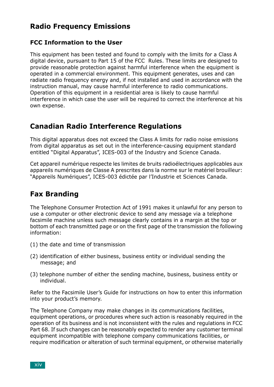 Radio frequency emissions, Canadian radio interference regulations, Fax branding | Samsung SCX-6320F User Manual | Page 15 / 330