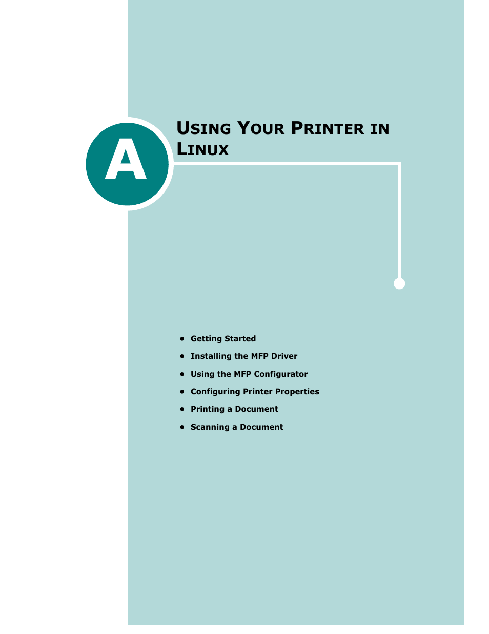 A. using your printer in linux, Appendix a, Sing | Rinter, Inux | Samsung SCX-6320F User Manual | Page 174 / 330