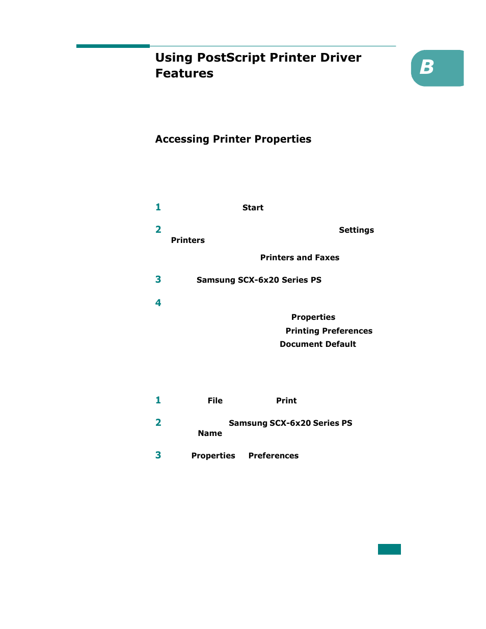 Using postscript printer driver features, Accessing printer properties | Samsung SCX-6320F User Manual | Page 196 / 330