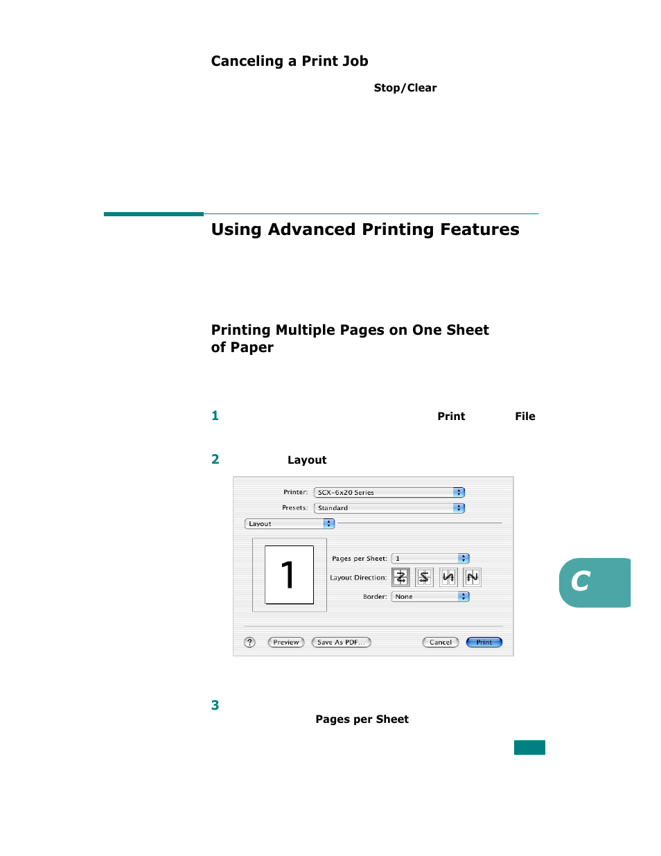 Canceling a print job, Using advanced printing features, Printing multiple pages on one sheet of paper | Samsung SCX-6320F User Manual | Page 206 / 330