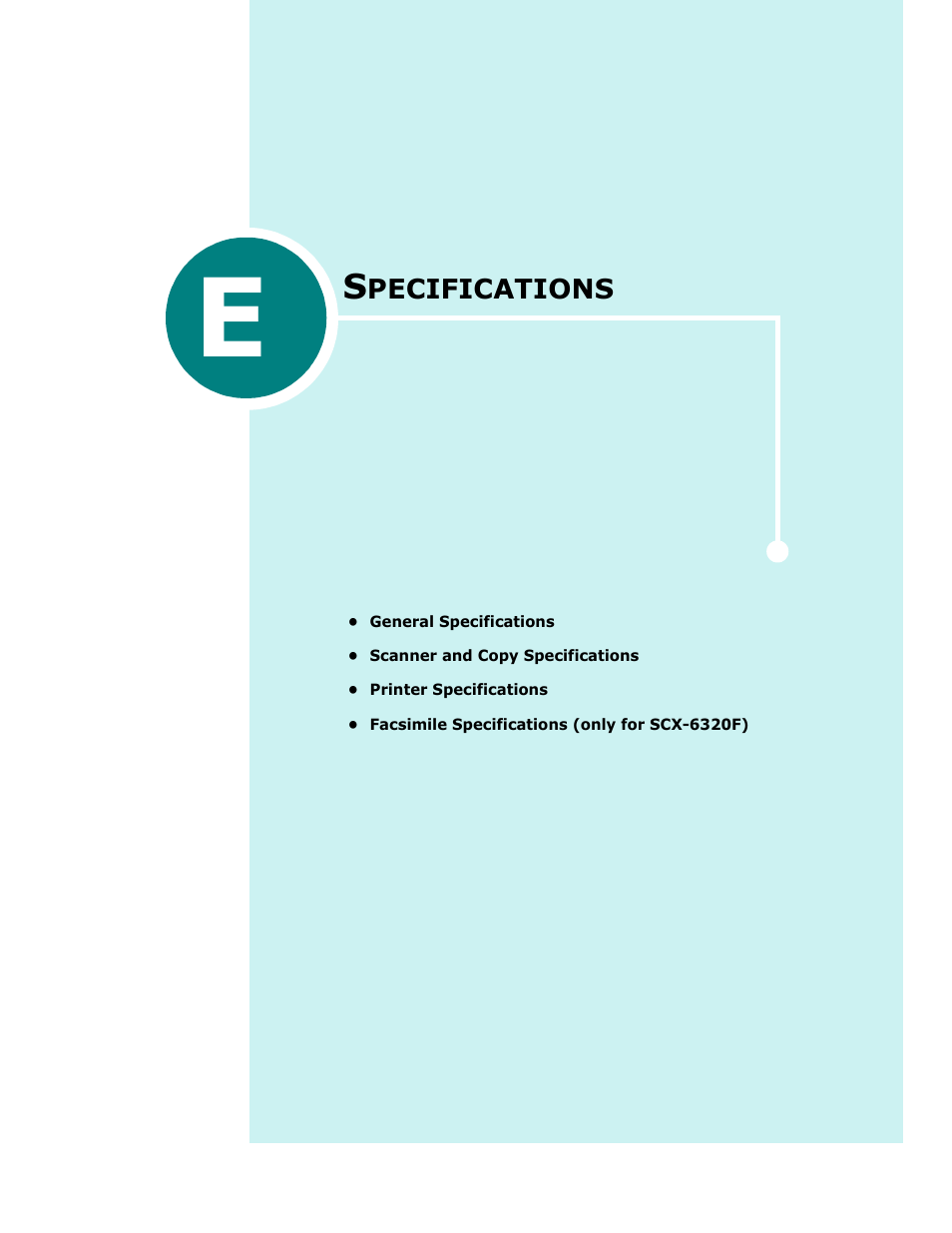 E. specifications, Appendix e, Pecifications | Samsung SCX-6320F User Manual | Page 228 / 330
