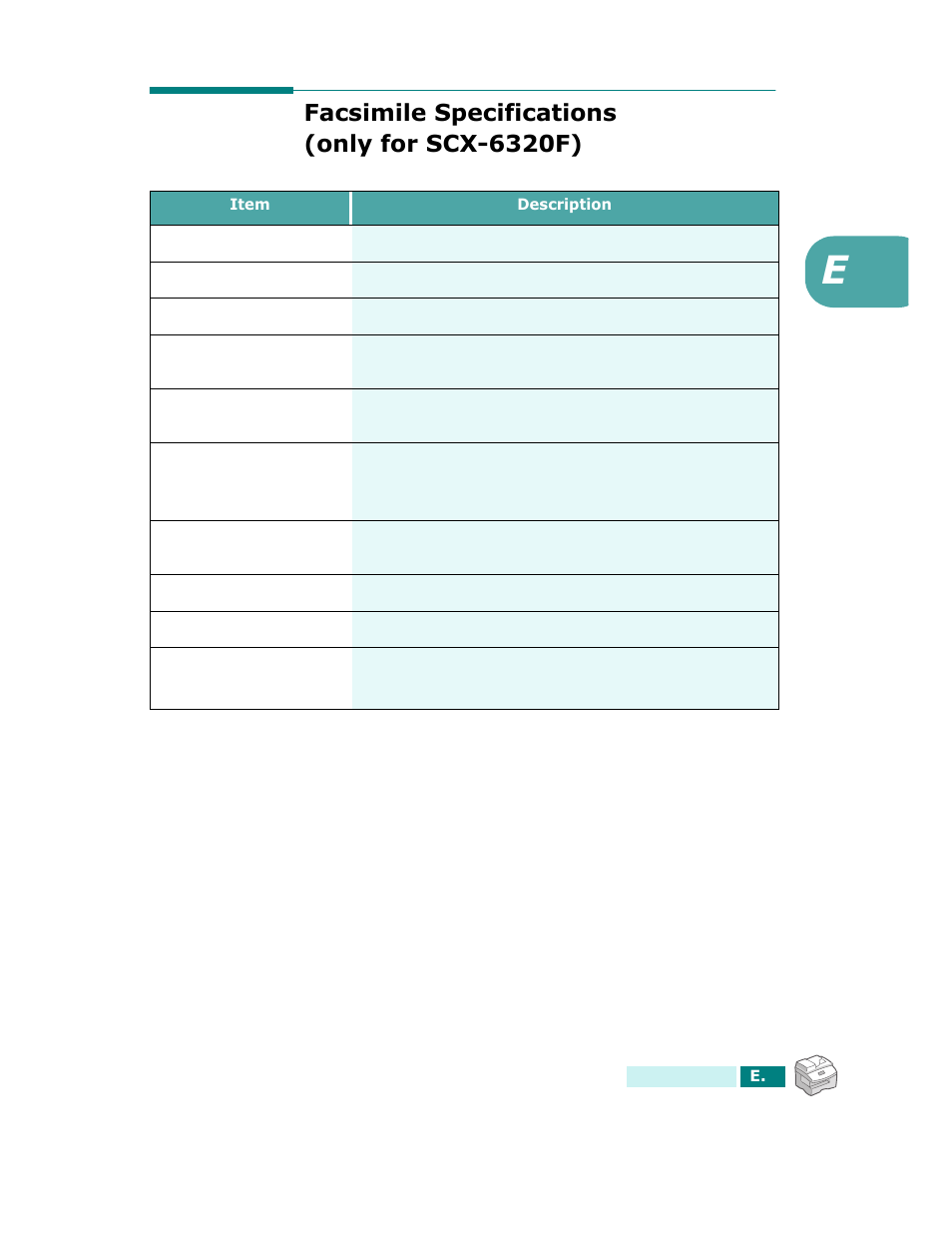Facsimile specifications (only for scx-6320f), Facsimile specifications | Samsung SCX-6320F User Manual | Page 232 / 330