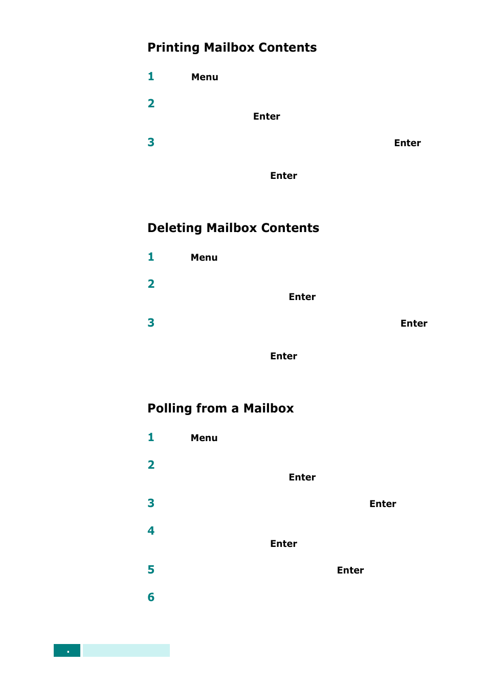 Printing mailbox contents, Deleting mailbox contents, Polling from a mailbox | Samsung SCX-6320F User Manual | Page 286 / 330