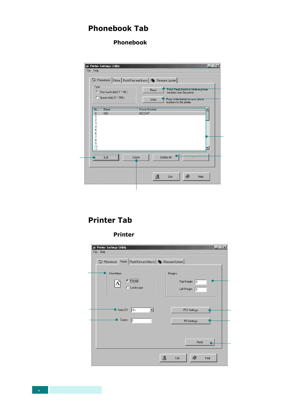 Phonebook tab, Printer tab, Phonebook tab printer tab | Samsung SCX-6320F User Manual | Page 294 / 330