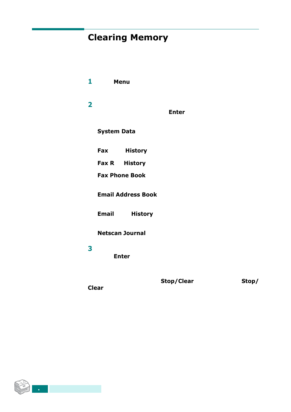 Clearing memory | Samsung SCX-6320F User Manual | Page 296 / 330