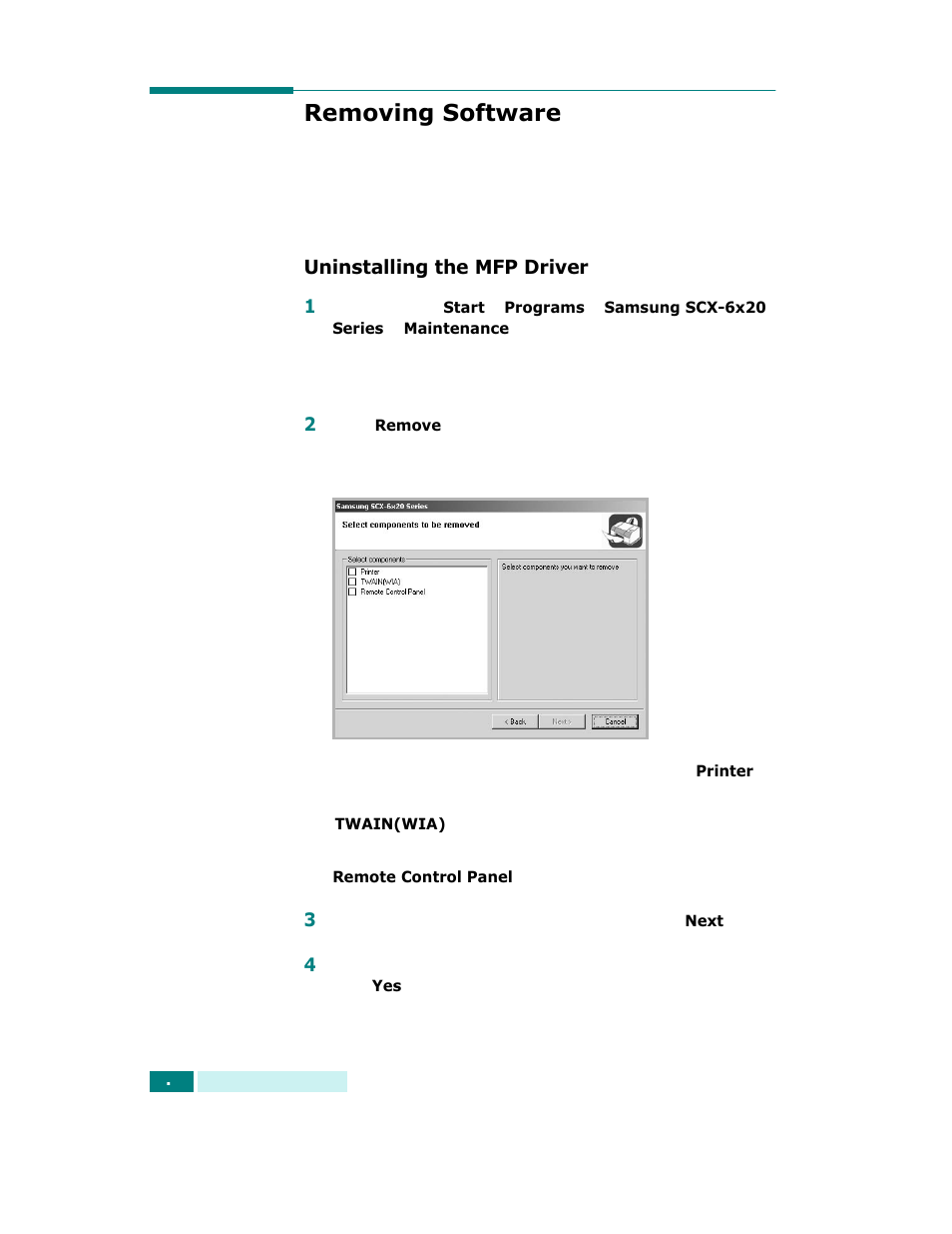 Removing software, Uninstalling the mfp driver | Samsung SCX-6320F User Manual | Page 51 / 330