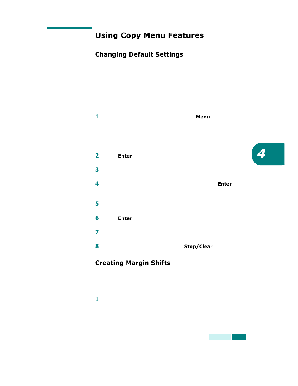 Using copy menu features, Changing default settings, Creating margin shifts | Changing default settings creating margin shifts, T. see “using copy menu features” on | Samsung SCX-6320F User Manual | Page 74 / 330