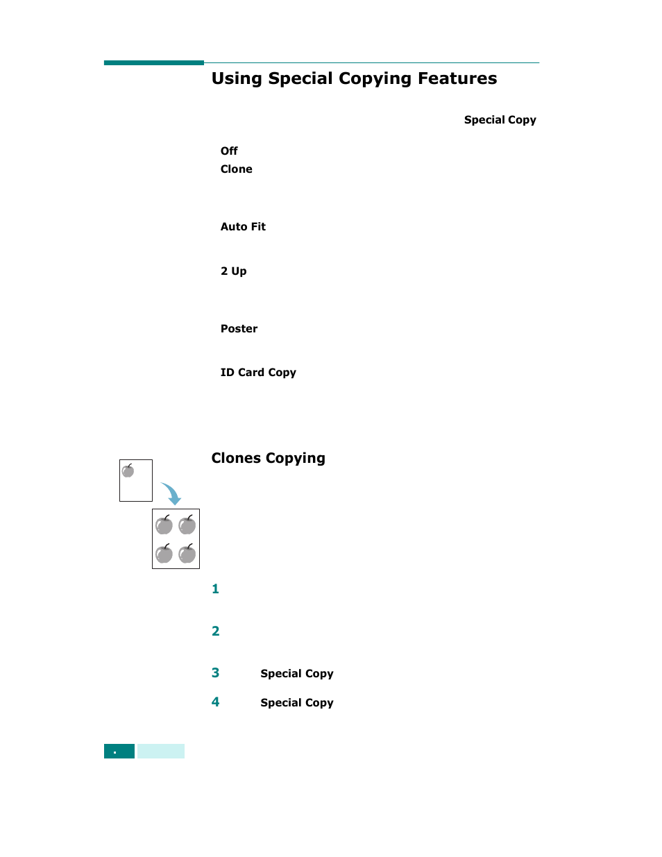 Using special copying features, Clones copying, D “using special copying features” on | Samsung SCX-6320F User Manual | Page 79 / 330