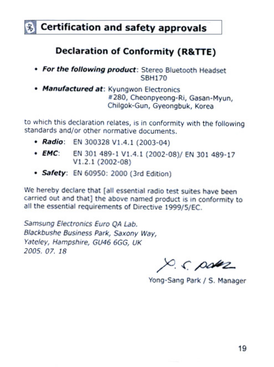 Certification and safety approvals j | Samsung SBH170 User Manual | Page 19 / 24