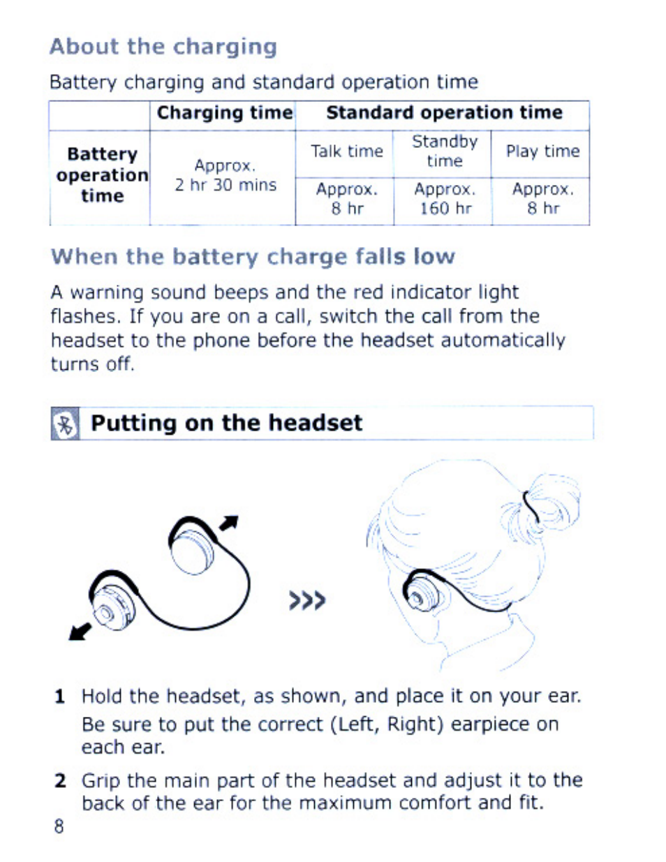 About the charging, When the battery charge falls low, Putting on the headset | Samsung SBH170 User Manual | Page 8 / 24