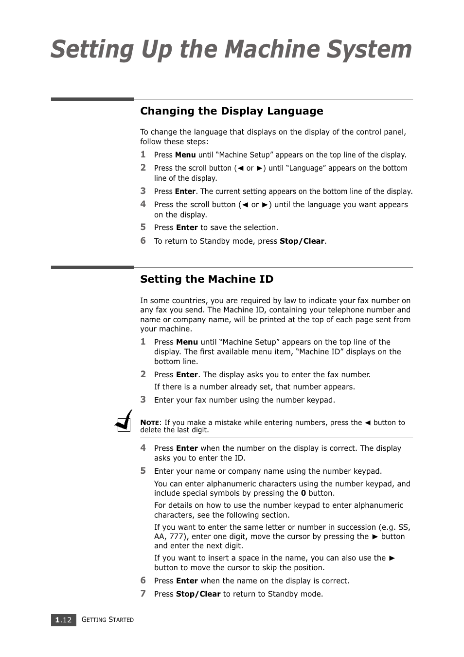 Changing the display language, Setting the machine id, Setting up the machine system | Setting the date and time | Samsung SF-750 Series User Manual | Page 25 / 98