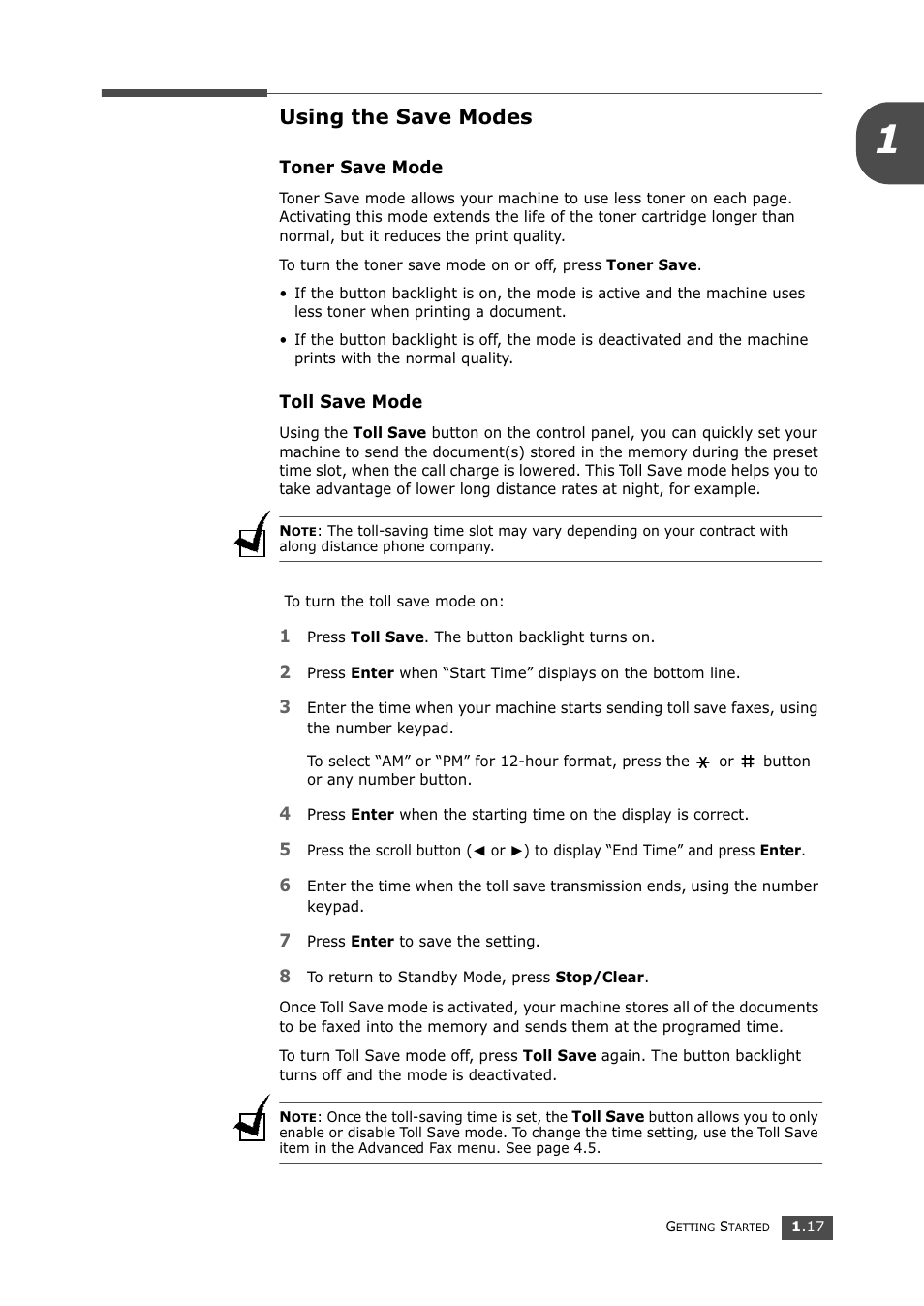 Using the save modes, Toner save mode, Toll save mode | Toner save mode toll save mode, Setting up the fax system | Samsung SF-750 Series User Manual | Page 30 / 98