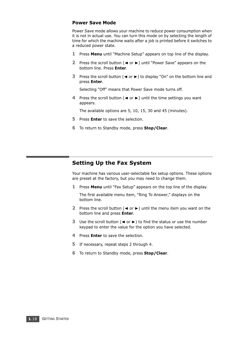 Power save mode, Setting up the fax system | Samsung SF-750 Series User Manual | Page 31 / 98