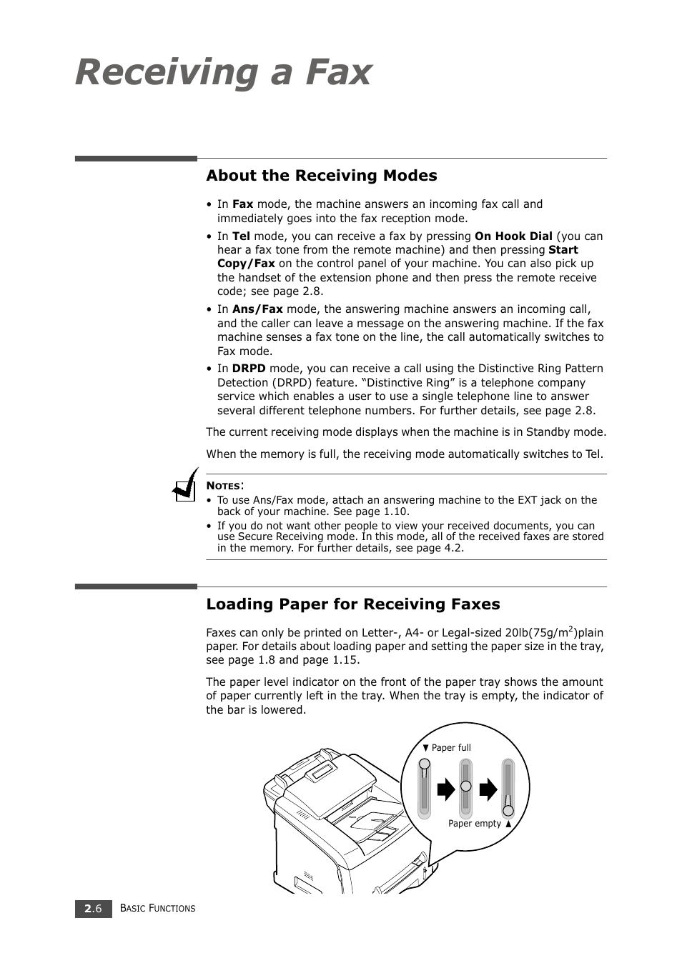 About the receiving modes, Loading paper for receiving faxes, Receiving a fax | Samsung SF-750 Series User Manual | Page 39 / 98