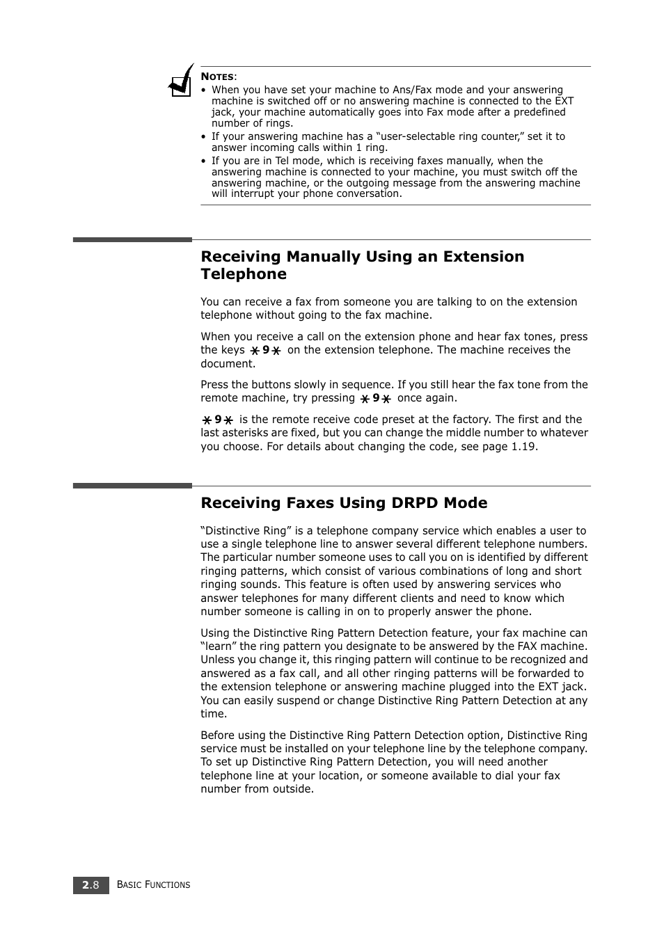 Receiving manually using an extension telephone, Receiving faxes using drpd mode | Samsung SF-750 Series User Manual | Page 41 / 98