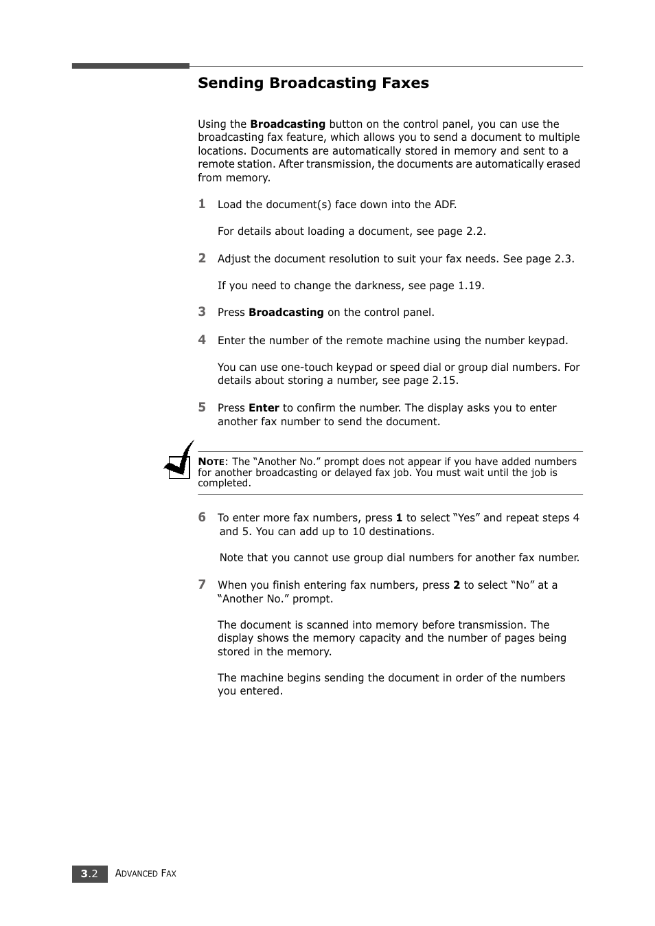 Sending broadcasting faxes | Samsung SF-750 Series User Manual | Page 55 / 98