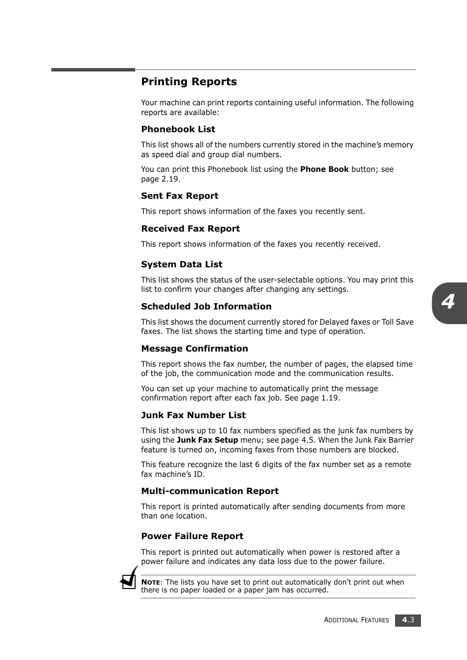 Printing reports | Samsung SF-750 Series User Manual | Page 62 / 98