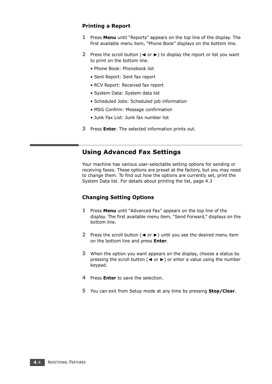 Using advanced fax settings, Changing setting options | Samsung SF-750 Series User Manual | Page 63 / 98