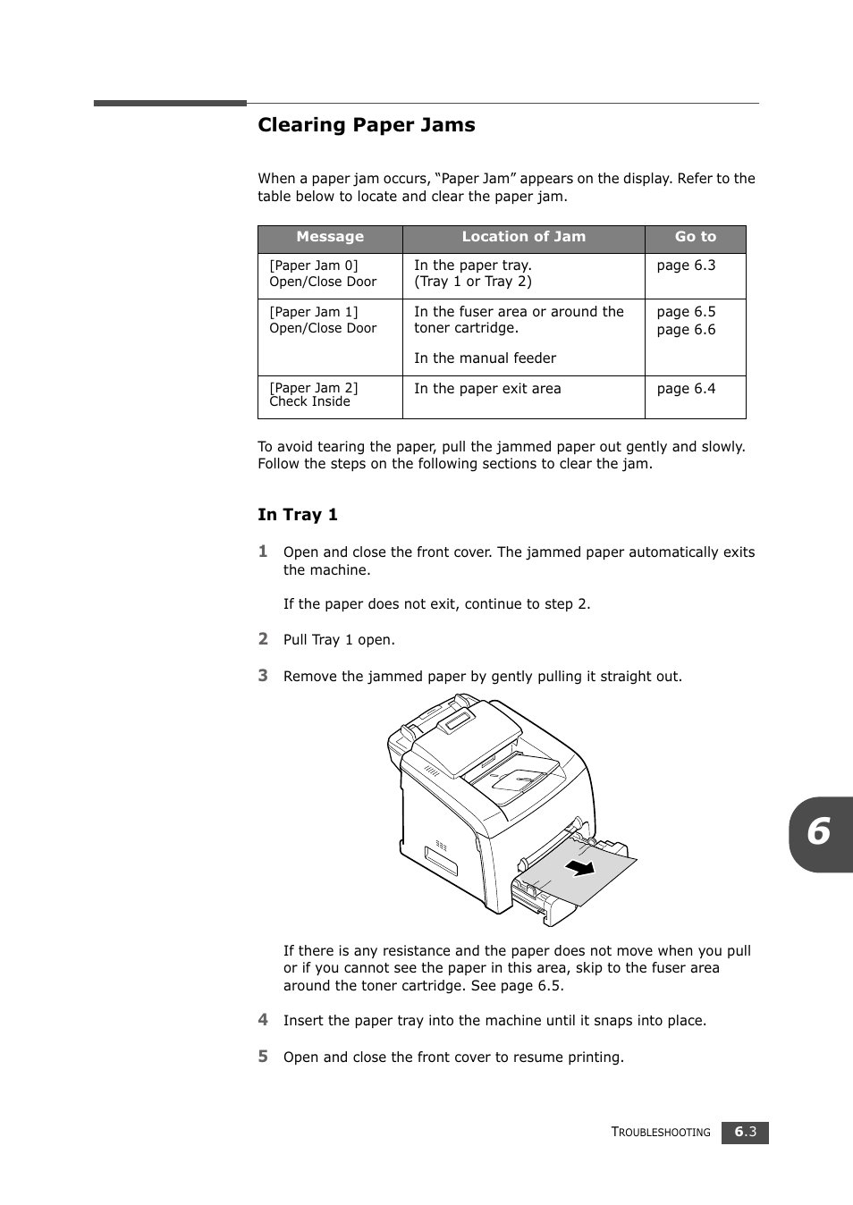 Clearing paper jams, In tray 1 | Samsung SF-750 Series User Manual | Page 76 / 98