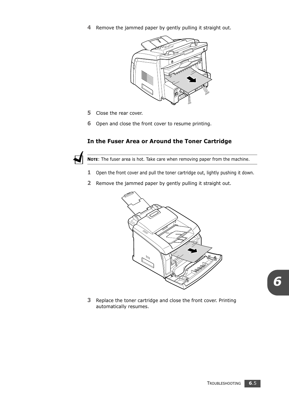 In the fuser area or around the toner cartridge | Samsung SF-750 Series User Manual | Page 78 / 98