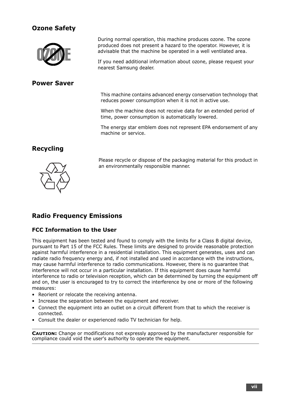 Ozone safety, Power saver, Recycling | Radio frequency emissions | Samsung SF-750 Series User Manual | Page 8 / 98