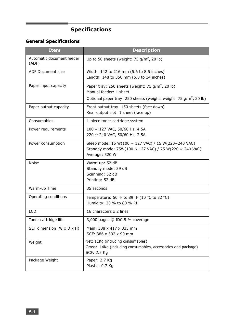 Specifications, General specifications | Samsung SF-750 Series User Manual | Page 89 / 98