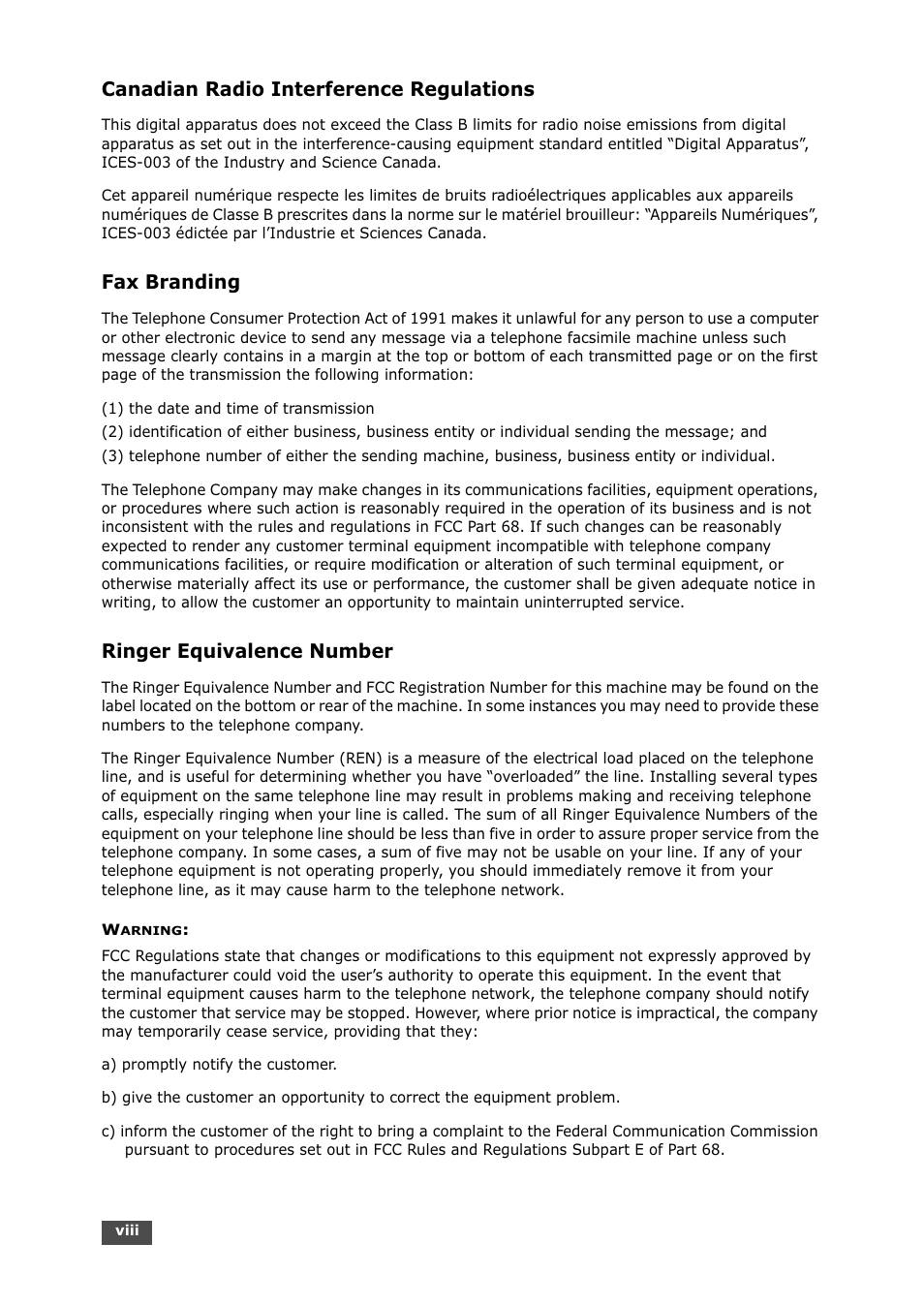 Canadian radio interference regulations, Fax branding, Ringer equivalence number | Samsung SF-750 Series User Manual | Page 9 / 98