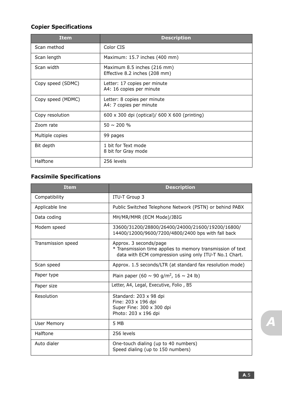 Copier specifications, Facsimile specifications | Samsung SF-750 Series User Manual | Page 90 / 98