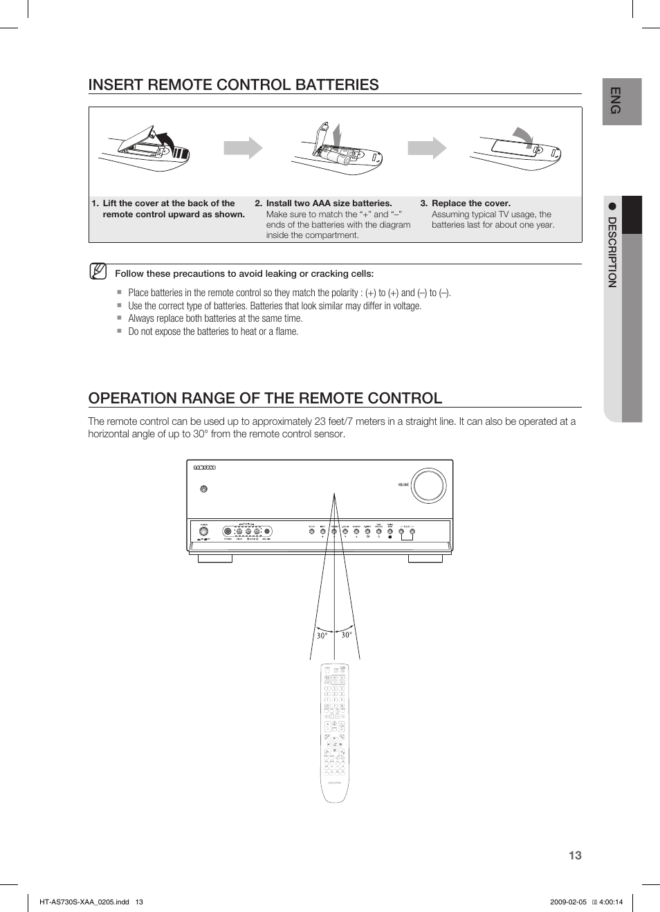 Insert remote control batteries, Operation range of the remote control | Samsung HT-AS730S User Manual | Page 13 / 66