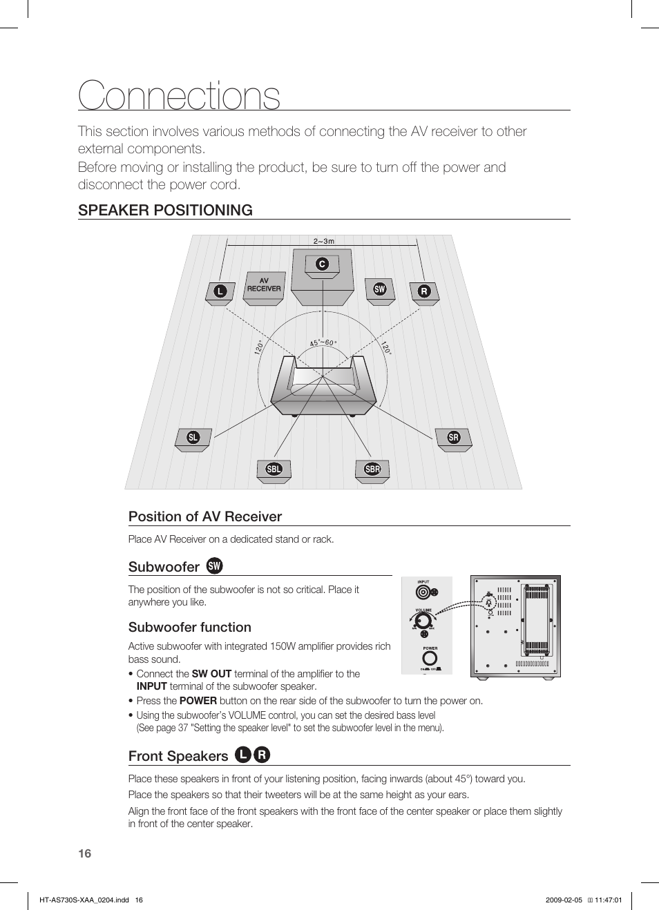 Connections, Speaker pos itioning, Speaker positioning | Samsung HT-AS730S User Manual | Page 16 / 66
