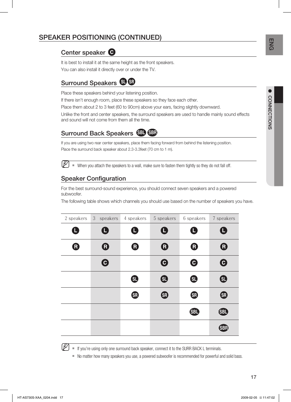 Speaker positioning (continued) | Samsung HT-AS730S User Manual | Page 17 / 66